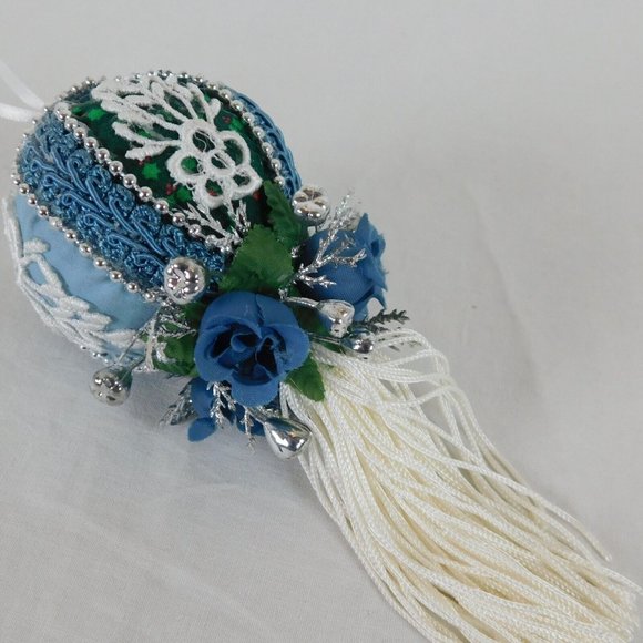 Handmade Fabric Rose Tassel Blue Silver Ball Christmas Tree Ornament 3" Dia 6" L - Picture 7 of 8